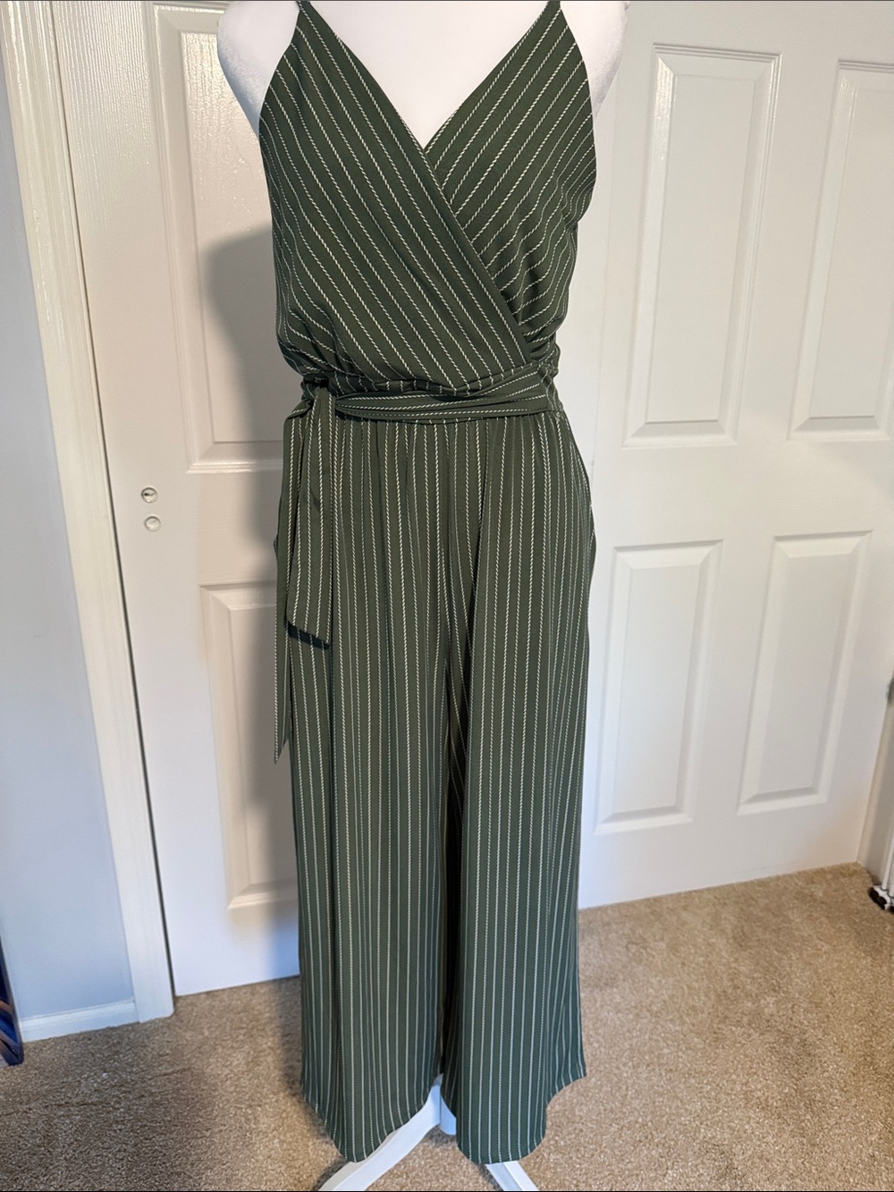Kaileigh Olive Green Pinstripe Wrap Jumpsuit - medium